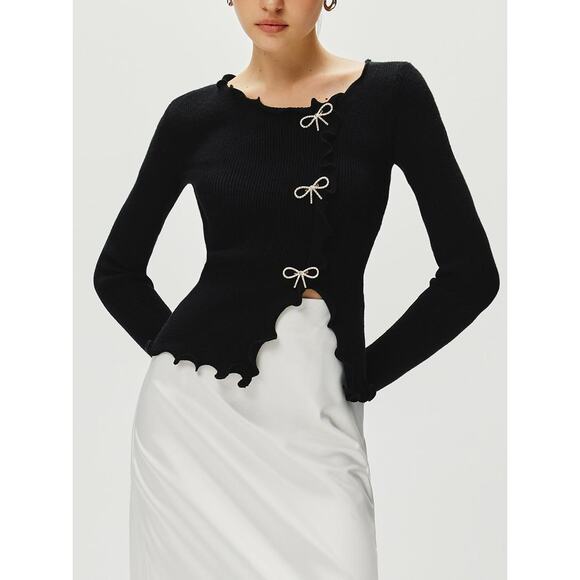 Commense Rhinestone Bow Lettuce Trim Chic Girly Black Stretch Sweater XL - Picture 7 of 8